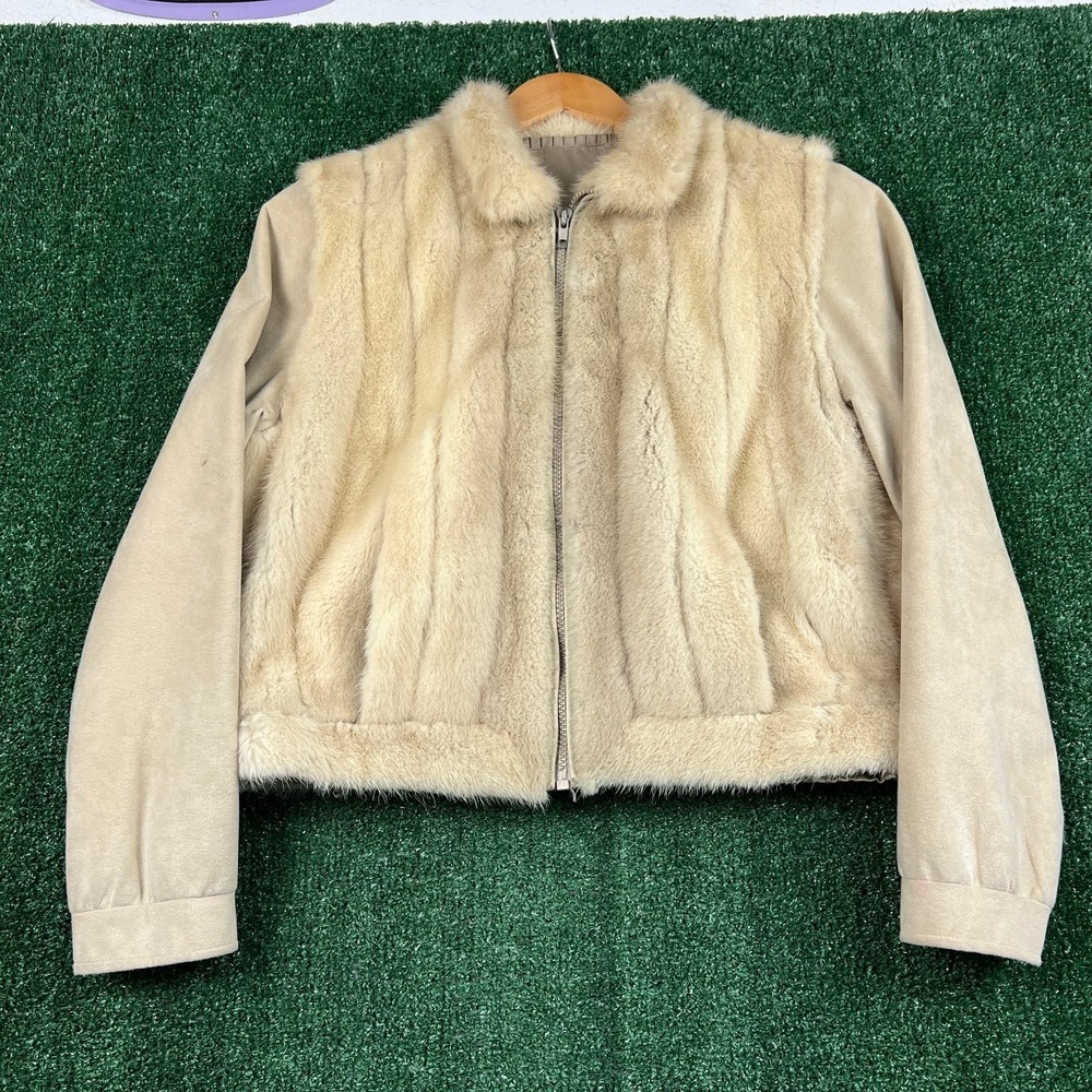 Vintage Women's Fur Suede Bomber Jacket Beige M Real Mink Trim Lined Cream 60s